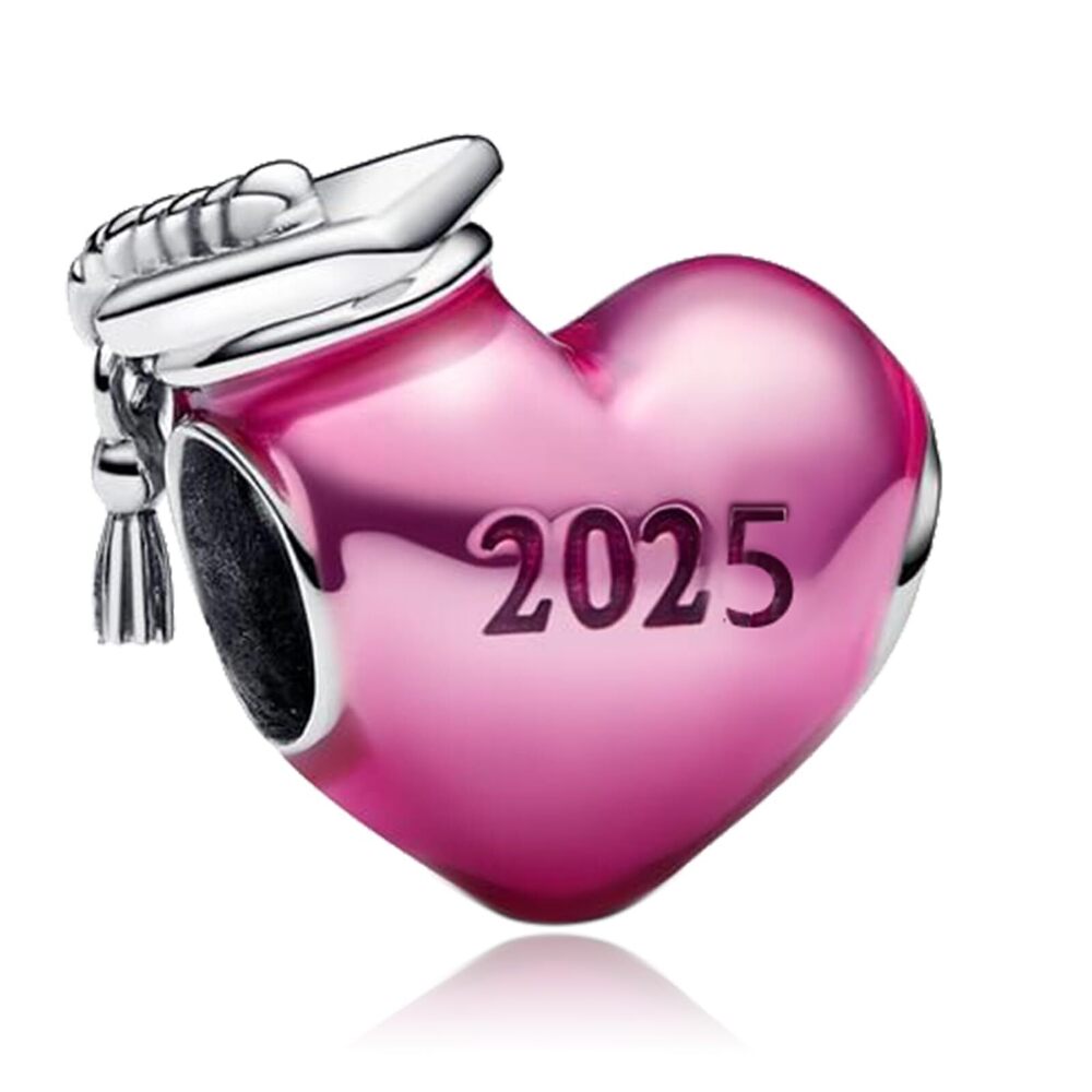 9090 925 Sterling Silver Charm Pink Heart 2025 Graduation Doctoral Cap